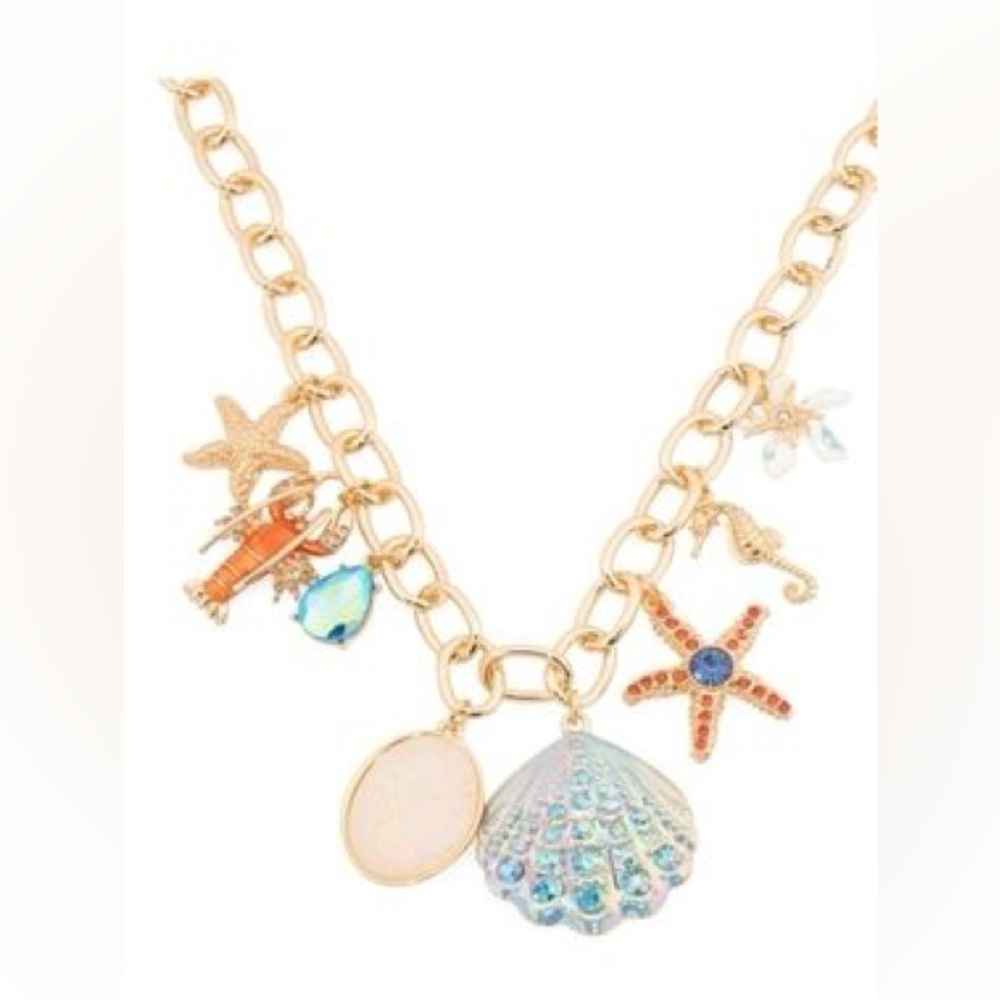 NWT Betsey Johnson Sealife Charm Necklace, Seashell, Lobster, Seahorse, Starfish